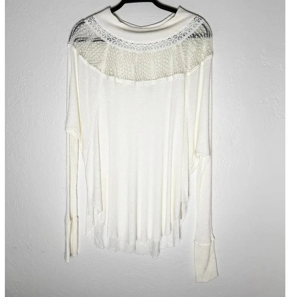 Free People Women's Ivory Spring Valley Lace Trim Lightweight Thermal Top Boho S